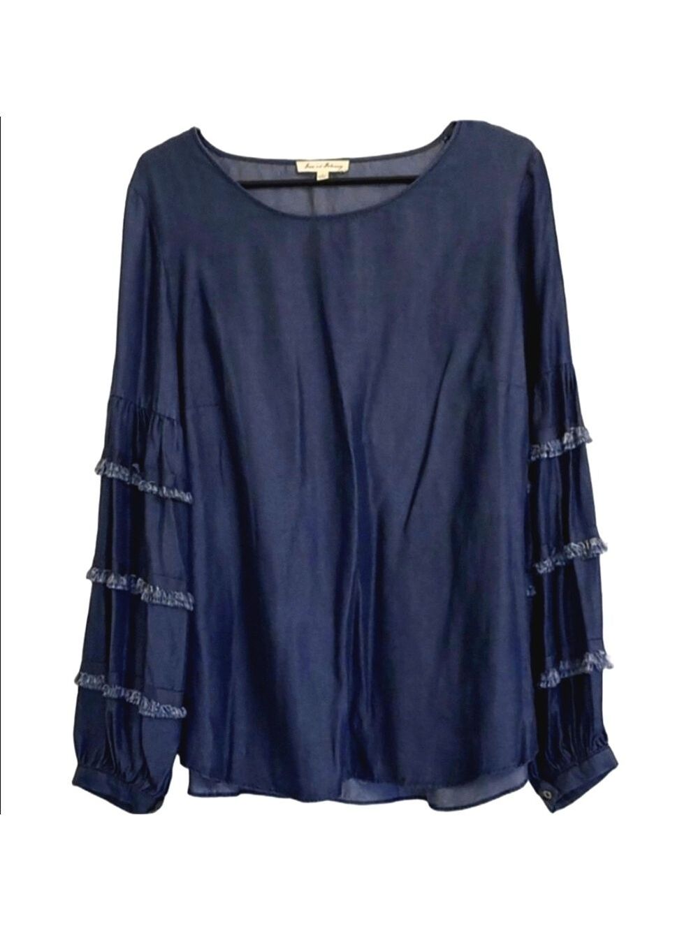 Jane and Delancey Denim Boho Fringe Blouse Tiered Long Sleeve Medium Wash Small